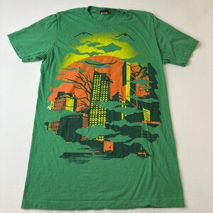 Mad Engine Shirt Mens Medium Green City Skyline Graphic Tee Urban Art Made Hait